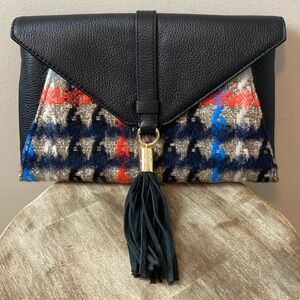 Milly Old Money Astor Leather Pied De Poule Tweed Tassel Clutch Crossbody Bag